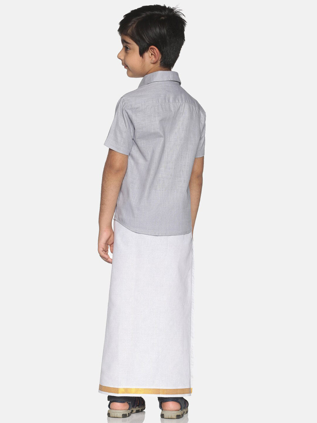 Sethukrishna Boys Grey & White Solid Shirt and Veshti Set
