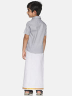 Sethukrishna Boys Grey & White Solid Shirt and Veshti Set