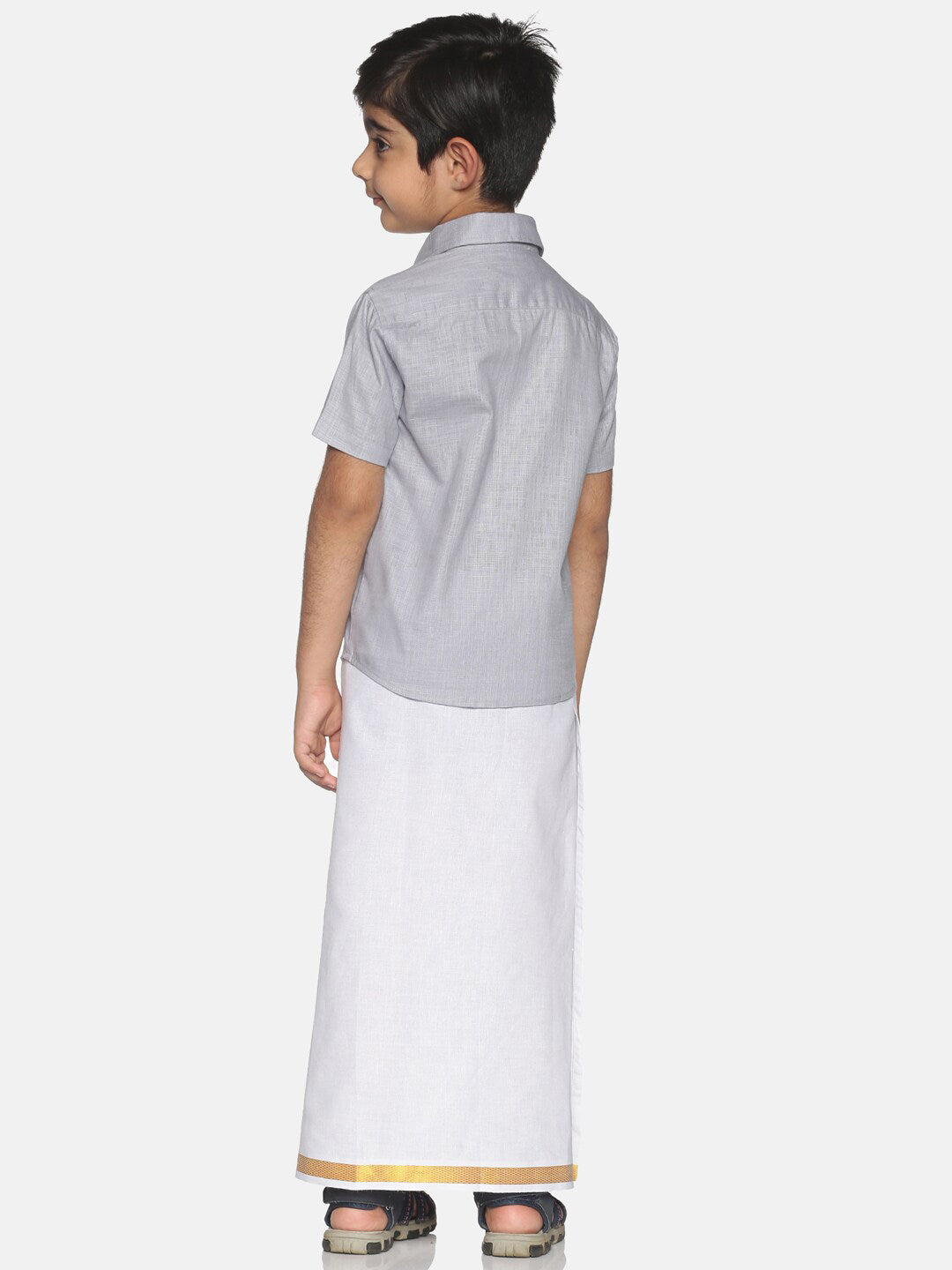 Sethukrishna Boys Grey & White Solid Shirt and Veshti Set