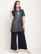 Ahalyaa Women's Blue Rayon Foil Print Top With Palazzo Set