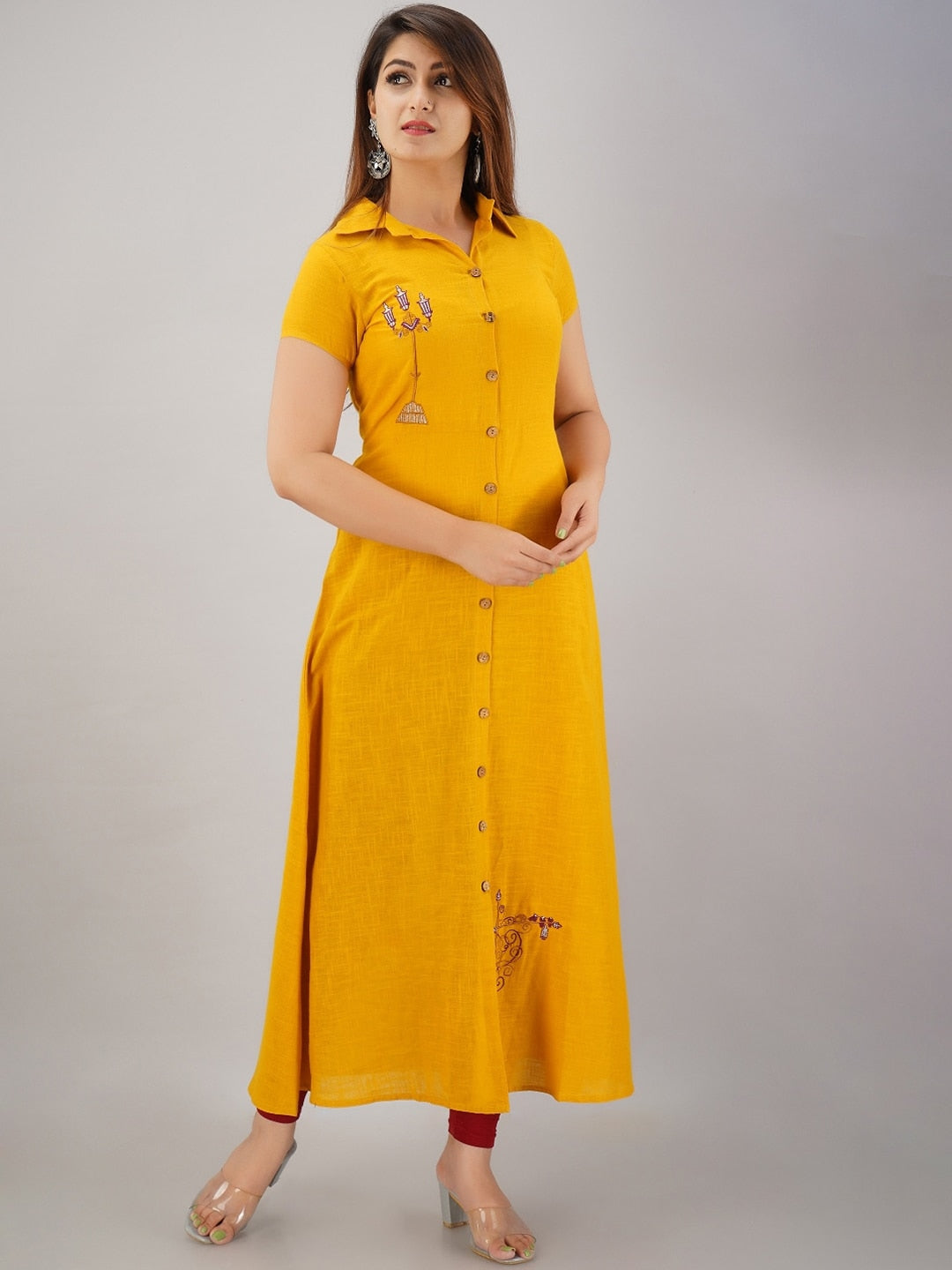 HERE&NOW Mustard Yellow Shirt Collar Thread Work A-Line Kurta