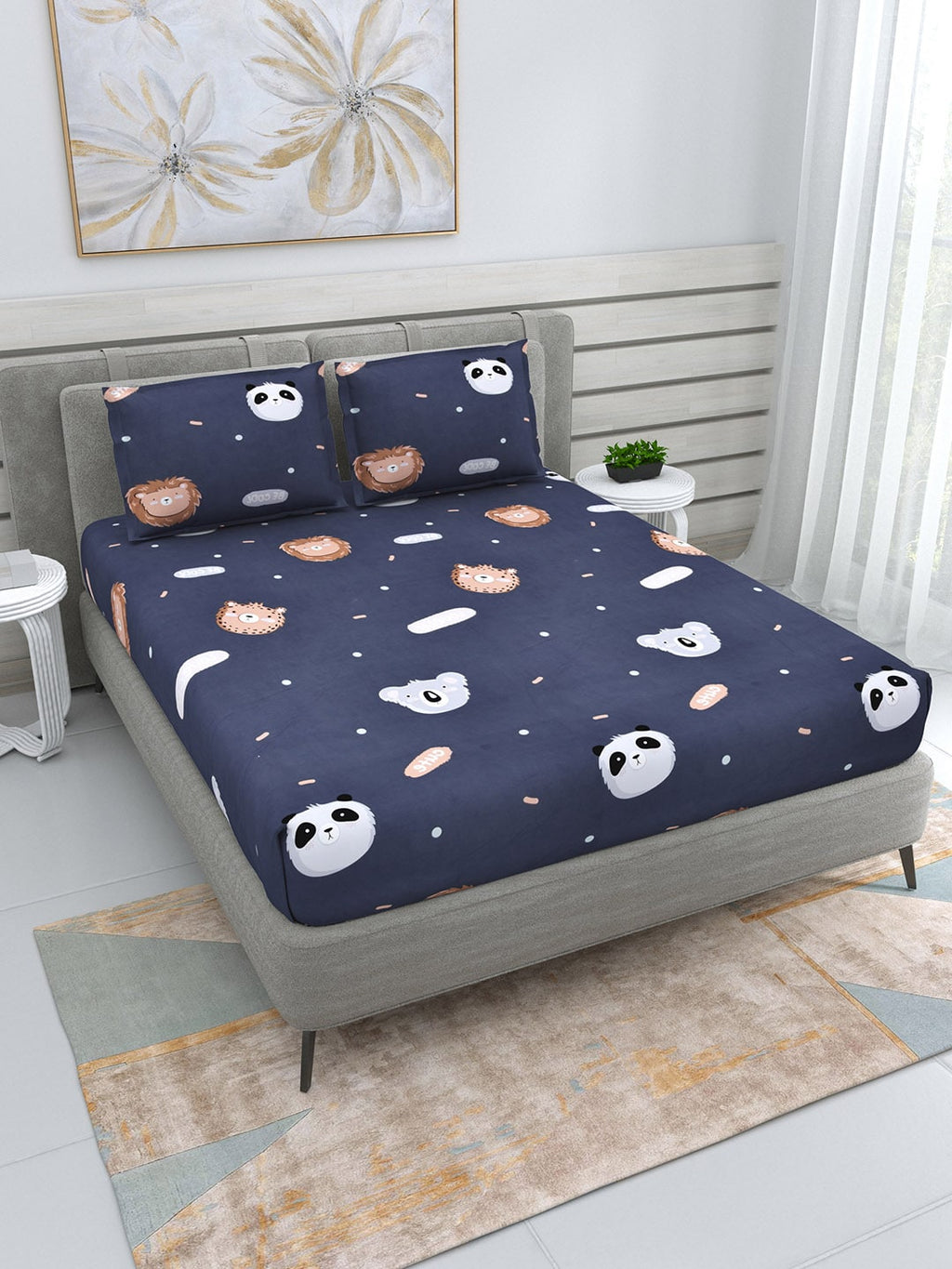 DREAM WEAVERZ Navy Blue & White Conversational Glazed Cotton 220 TC King Bedsheet with 2 Pillow Covers