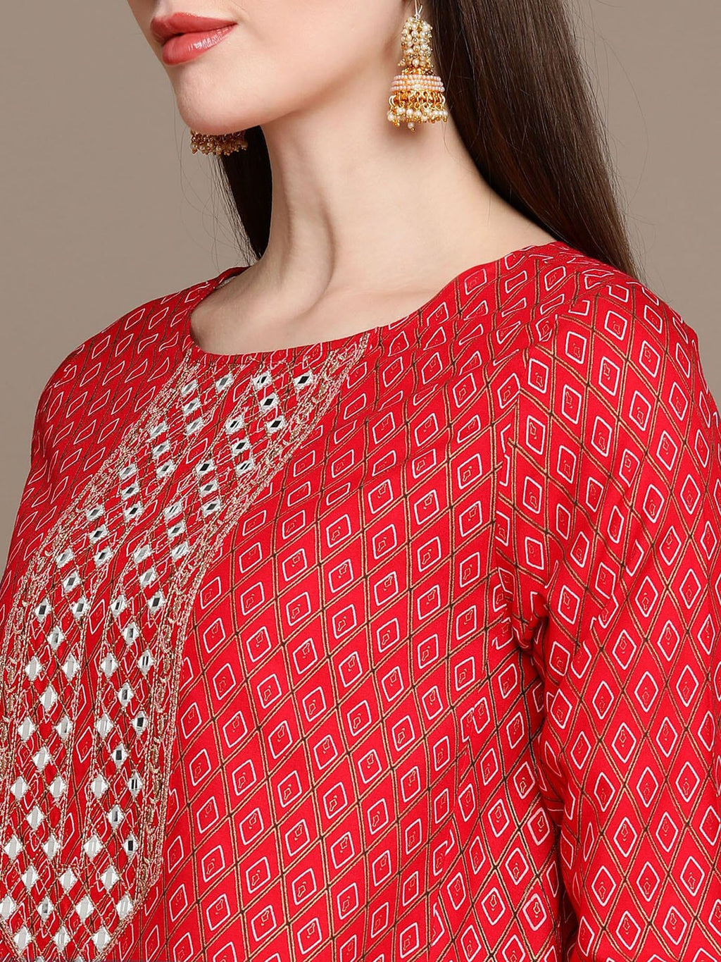 HERE&NOW Embroidered Ethnic Motifs Printed Mirror Work Asymmetric Kurti with Palazzos