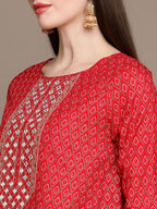 HERE&NOW Embroidered Ethnic Motifs Printed Mirror Work Asymmetric Kurti with Palazzos