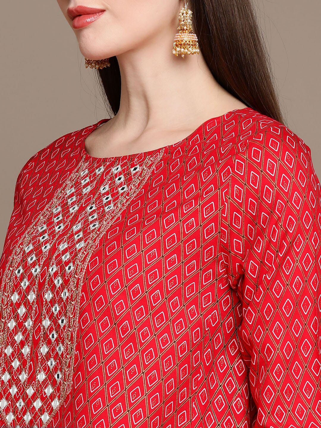 HERE&NOW Embroidered Ethnic Motifs Printed Mirror Work Asymmetric Kurti with Palazzos