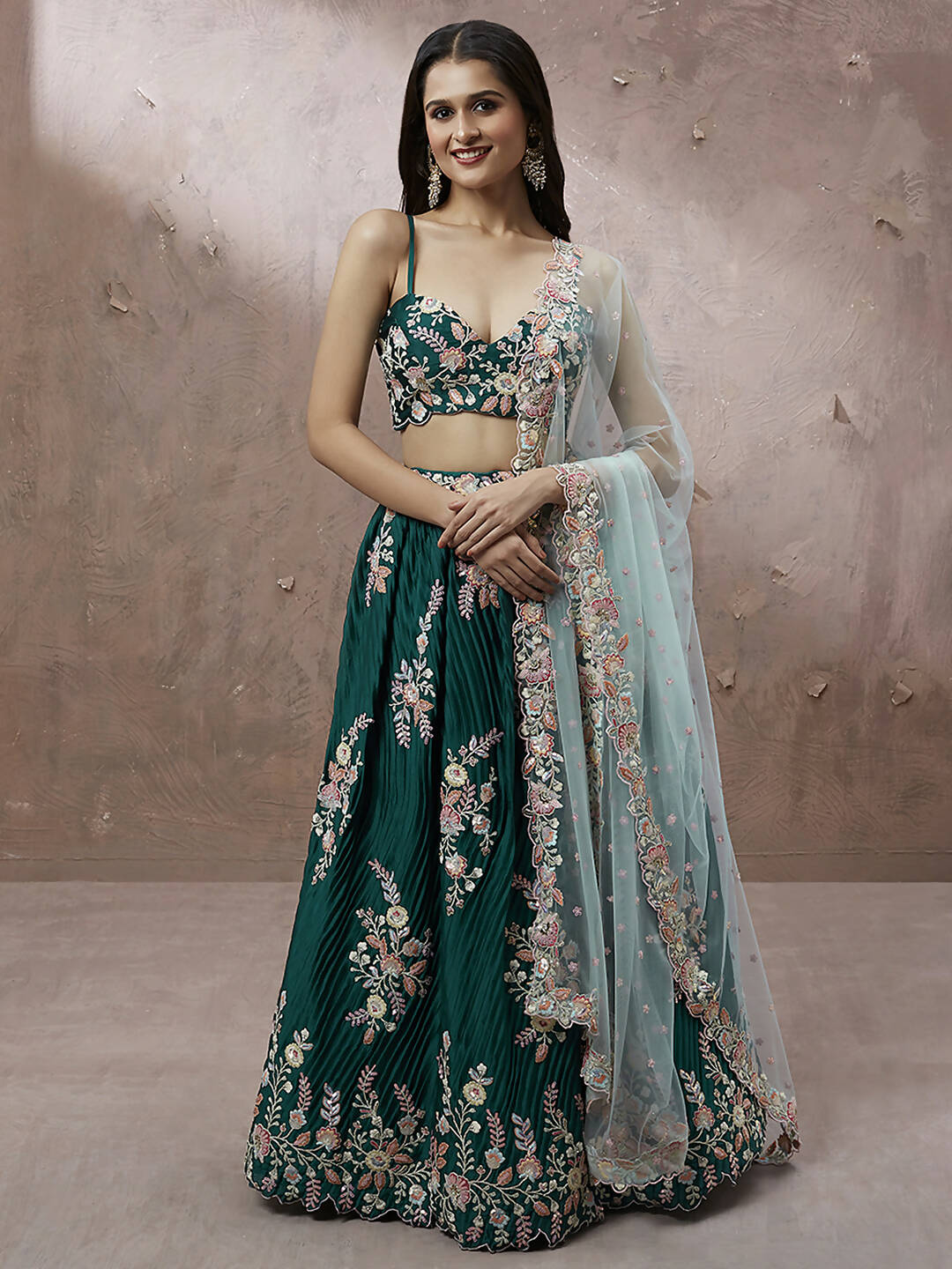 House of Panchhi Teal - Pure Georgette Thread & Sequins Work Lehenga