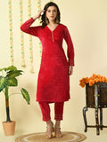 Myshka Women's Pink Velvet Kurta With Trousers Party Sets