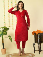 Myshka Women's Pink Velvet Kurta With Trousers Party Sets