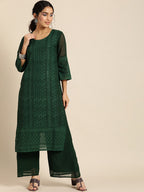 Sangria Women Green Ethnic Motifs Chikankari Kurta with Palazzos