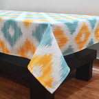 Stitchnest Ikat Yellow Teal Printed Poly Cotton Table Cover