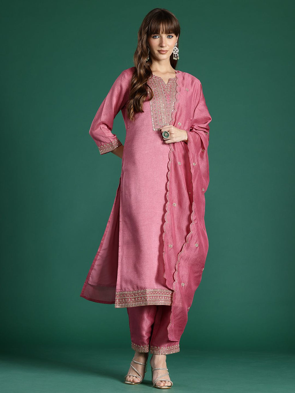Indo Era Floral Embroidered Sequinned Kurta with Trousers & With Dupatta - Distacart