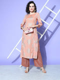 All About You Women Pink Floral Printed Regular Gotta Patti Liva Kurta with Palazzos