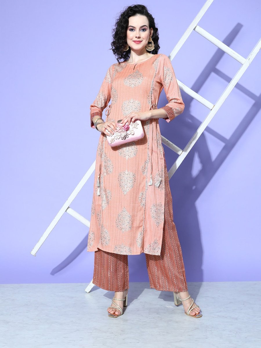 All About You Women Pink Floral Printed Regular Gotta Patti Liva Kurta with Palazzos