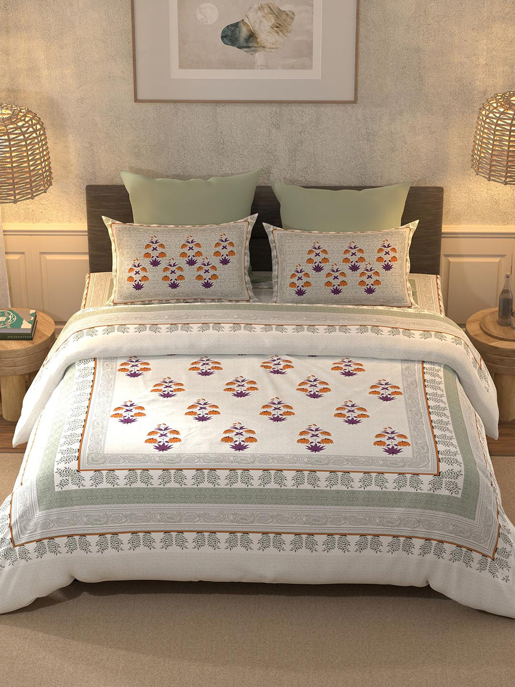 BELLA CASA Grey & Off White Ethnic Motifs 350 TC Cotton King Bedsheet with 2 Pillow Covers