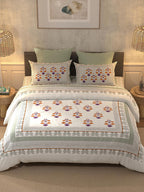 BELLA CASA Grey & Off White Ethnic Motifs 350 TC Cotton King Bedsheet with 2 Pillow Covers