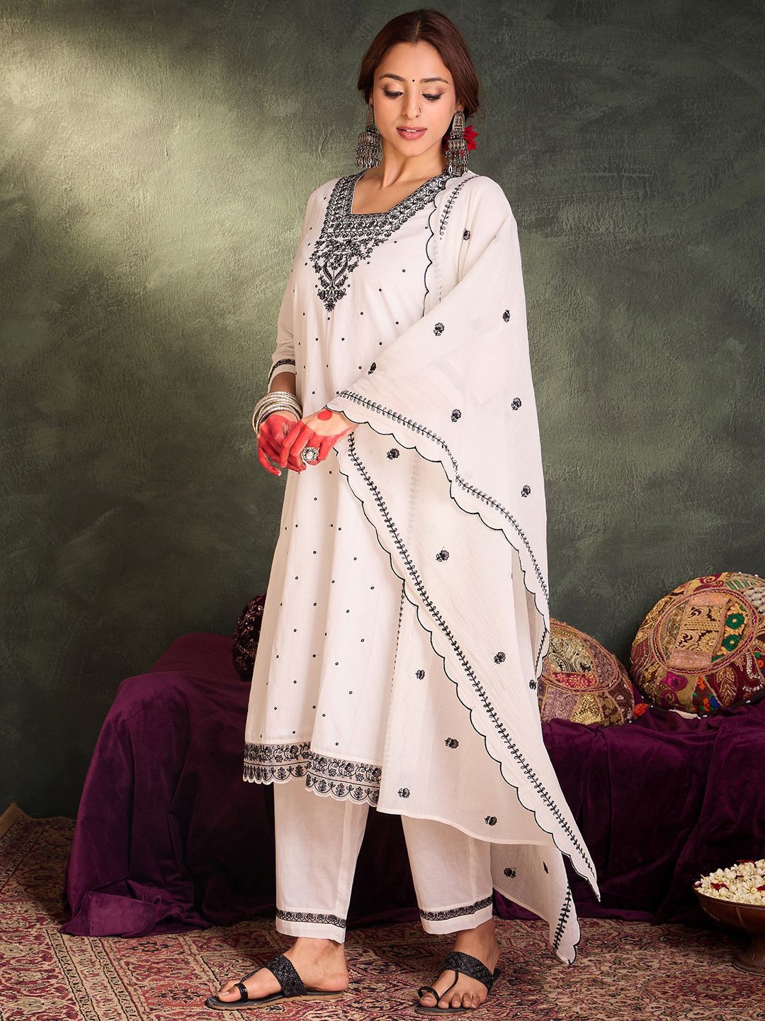 Indo Era Floral Embroidered Thread Work Pure Cotton Kurta With Trousers & Dupatta - Distacart