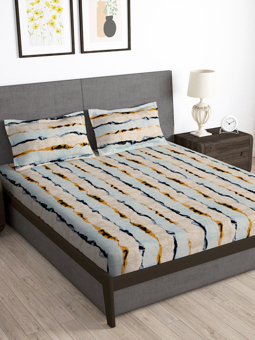 Story@home Arena Cream-Coloured & Grey Printed 180 TC Bedsheet & Pillow Covers - Distacart