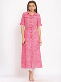 HERE&NOW Pink Shirt Collar Chevron Printed Roll Up Sleeves A-Line Kurta