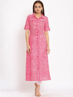 HERE&NOW Pink Shirt Collar Chevron Printed Roll Up Sleeves A-Line Kurta
