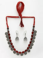 NVR Women's Red Silver-Plated Choke Oxidized Necklace with Jhumka Earrings