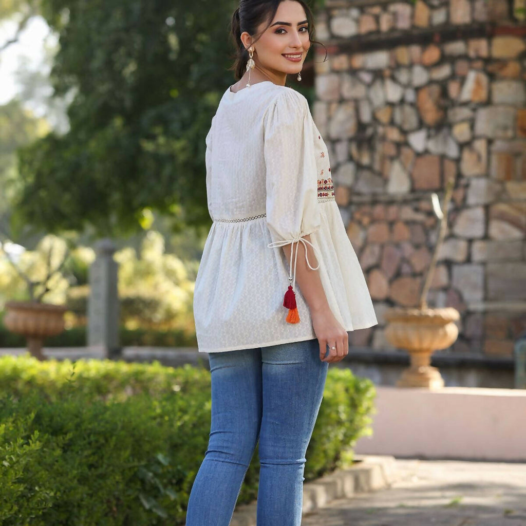 Juniper Women's Offwhite Cotton Solid With Embroidered Straight Tunic - Distacart