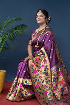 Jyoti Fashion Women's Wine Paithani Silk Zari Woven Saree with Blouse