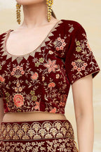 Maroon Velvet Semi-Stitched Wedding Bridal Lehenga - Nimaya