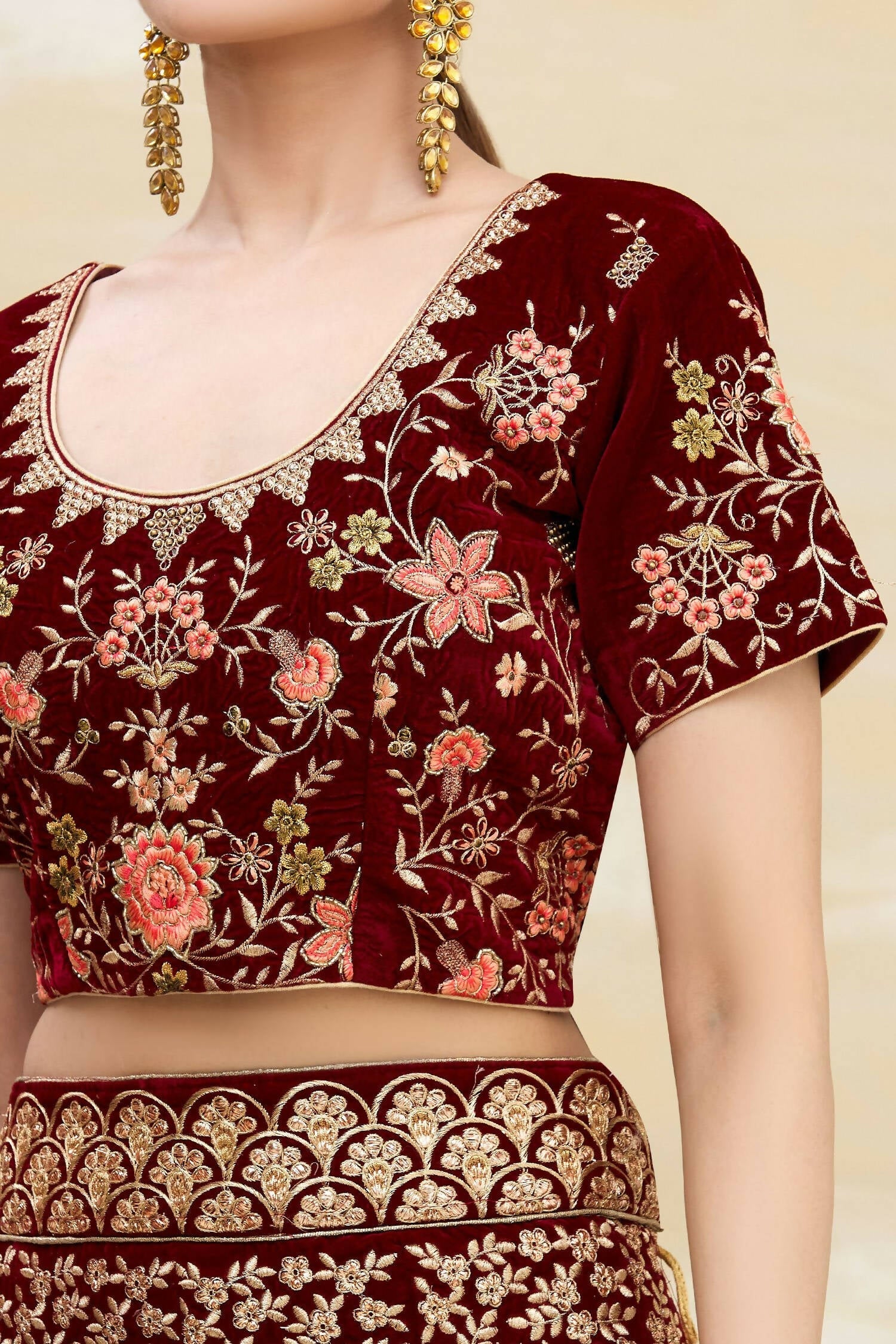 Maroon Velvet Semi-Stitched Wedding Bridal Lehenga - Nimaya