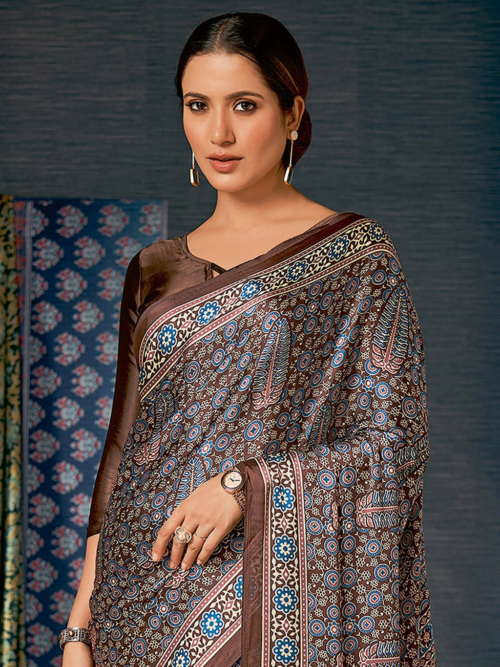 Saree Mall Brown & Blue Ethnic Motifs Printed Pure Crepe Block Print Saree - Distacart