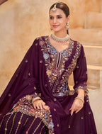 Anaita Maroon Vichitra Silk Readymade Palazzo Suit with Embroidery & Lace Work - Distacart