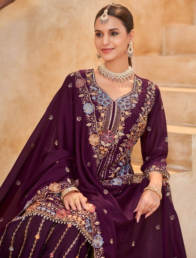 Anaita Maroon Vichitra Silk Readymade Palazzo Suit with Embroidery & Lace Work - Distacart