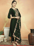 Jyoti Fashion Women's Green Velvet Cording with Resham Thread & Sequin Kurta with Trouser & Dupatta