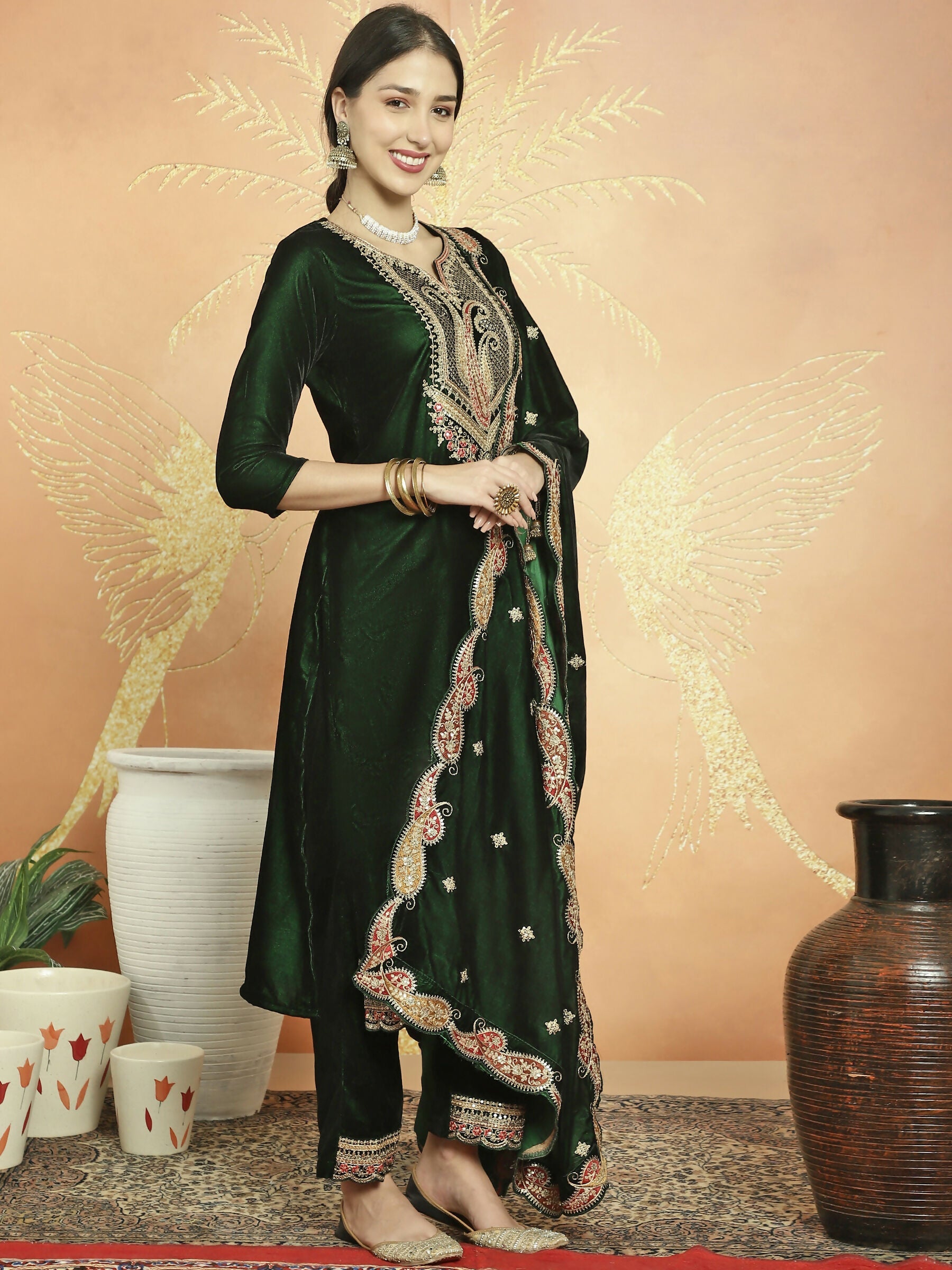 Jyoti Fashion Women's Green Velvet Cording with Resham Thread & Sequin Kurta with Trouser & Dupatta