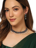 NVR Women Silver-Plated Stone Studded Oxidised Silver Jewellery Set
