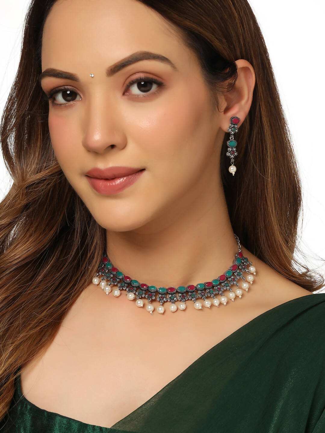 NVR Women Silver-Plated Stone Studded Oxidised Silver Jewellery Set