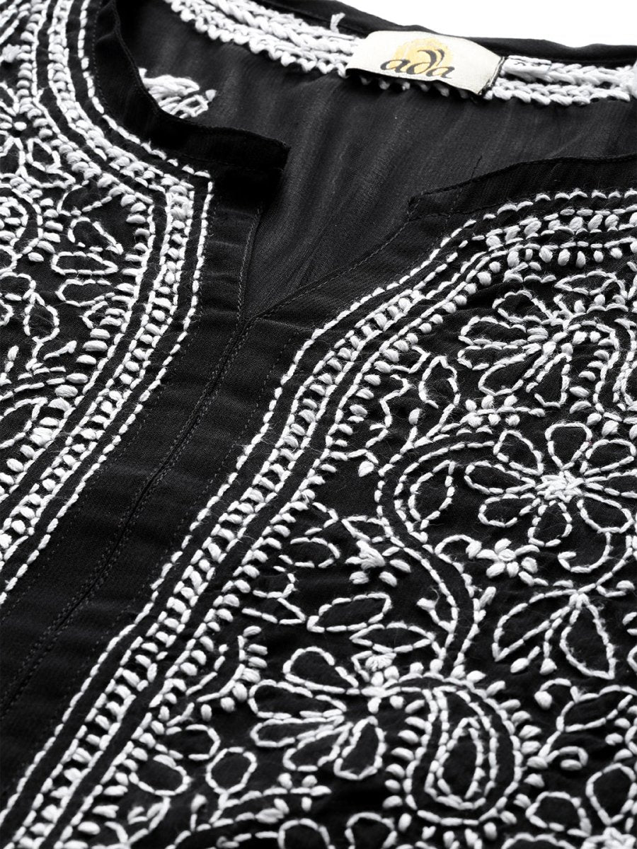 ADA Women Black & White Chikankari Hand Embroidered Semi-Sheer Straight Sustainable Handloom Kurta