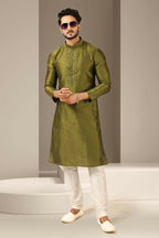Raivat Ethnic Banarasi Art Silk Mirror Work Kurta Pajama In Green Colour