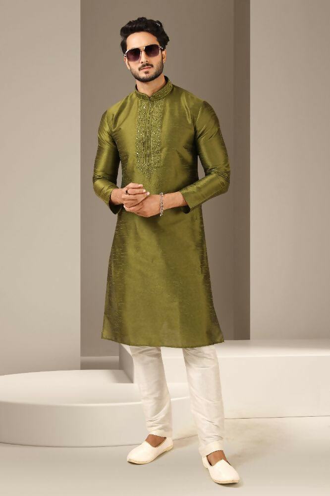 Raivat Ethnic Banarasi Art Silk Mirror Work Kurta Pajama In Green Colour