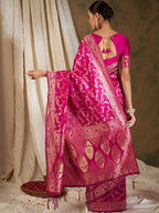 Sangria Pink & Gold-Toned Floral Woven Design Zari Banarasi Saree - Distacart