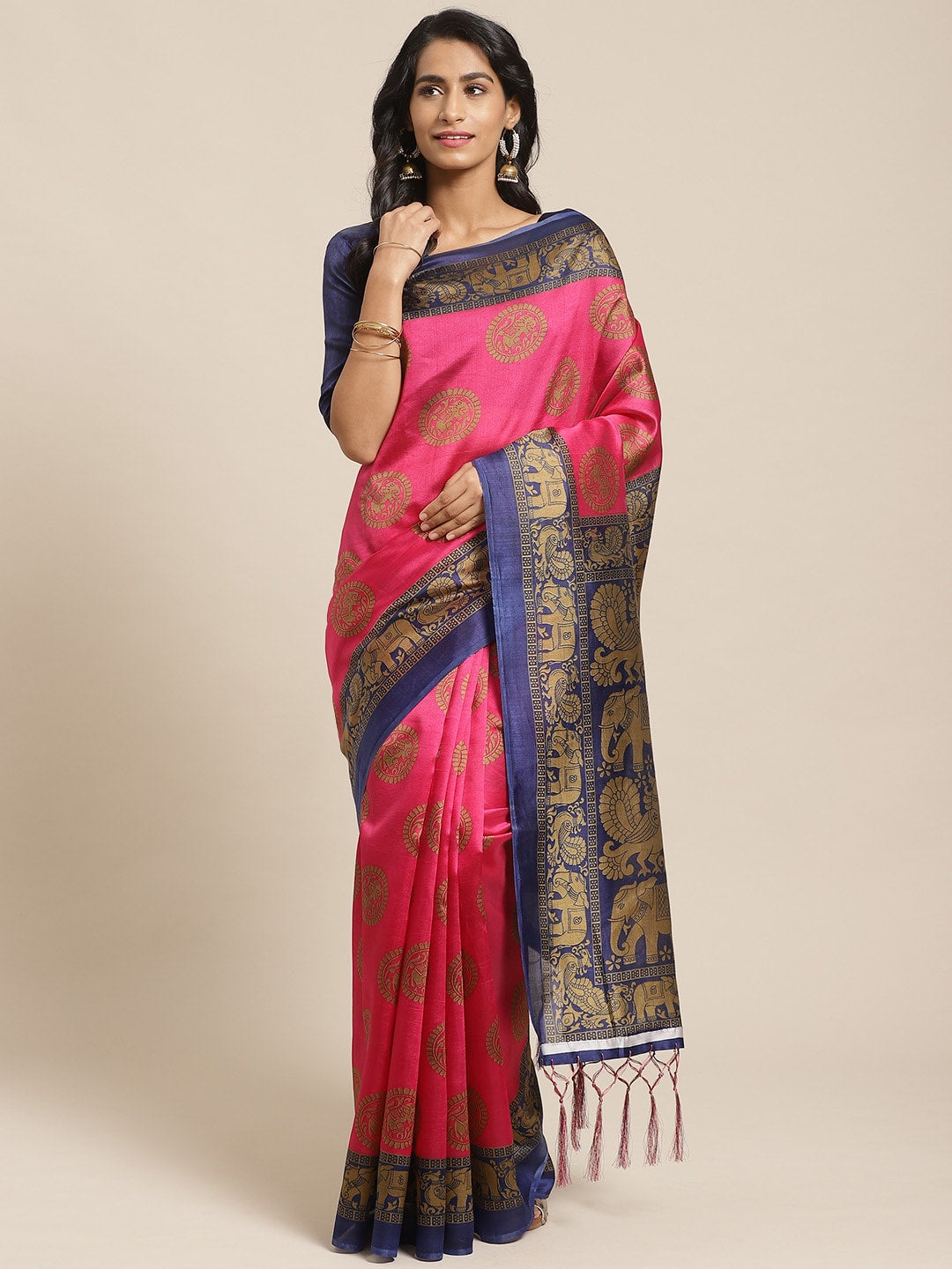Saree Mall Pink & Beige Printed Bhagalpuri Saree - Distacart