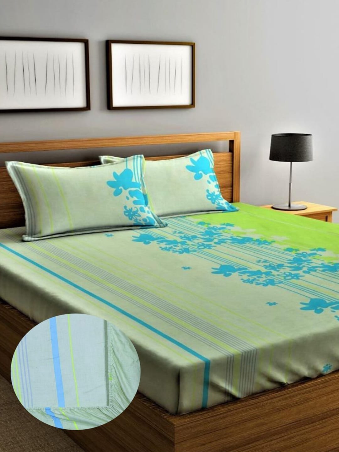 Home Sizzler Green & Blue Floral 210 TC Queen Bedsheet with 2 Pillow Covers