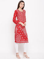 ADA Women Red & White Chikankari Hand Embroidered Straight Sustainable Kurta