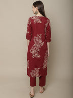 Sangria Women Maroon Floral Printed Pure Cotton Straight Kurta with Trousers