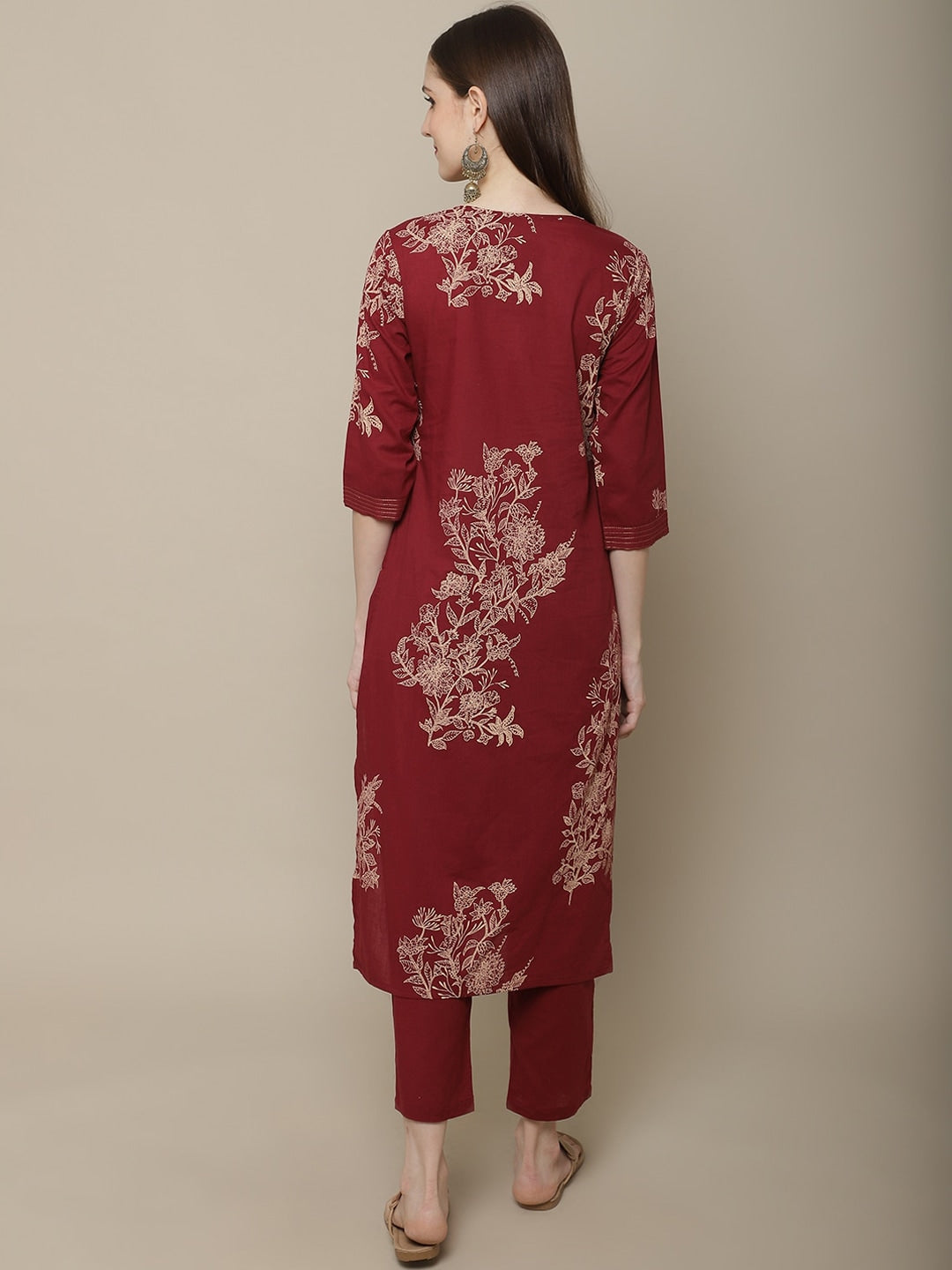 Sangria Women Maroon Floral Printed Pure Cotton Straight Kurta with Trousers