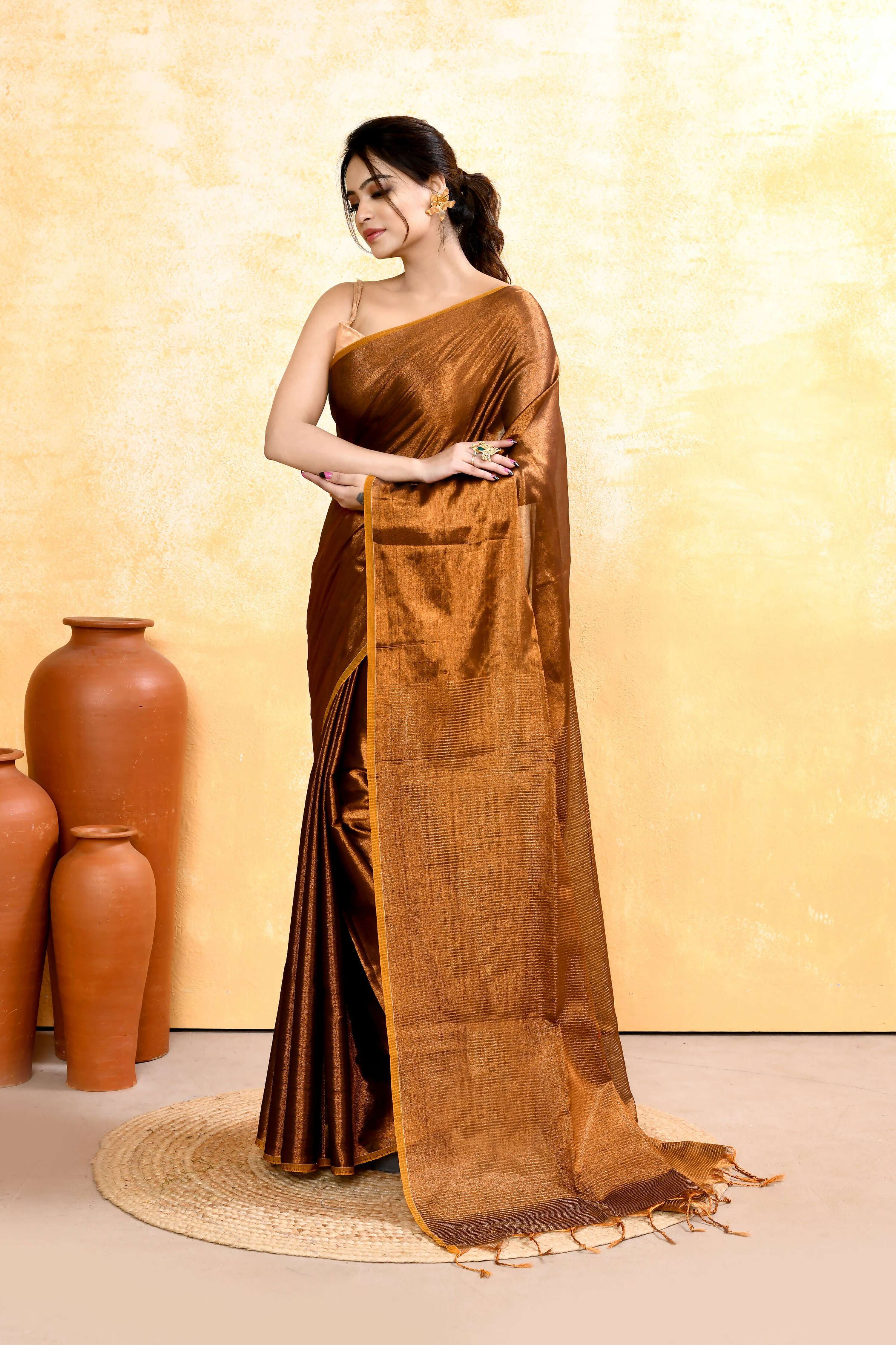Piyari Fashion Women's Copper Dual Tone Organic Tissue Saree With Blouse Piece - Distacart