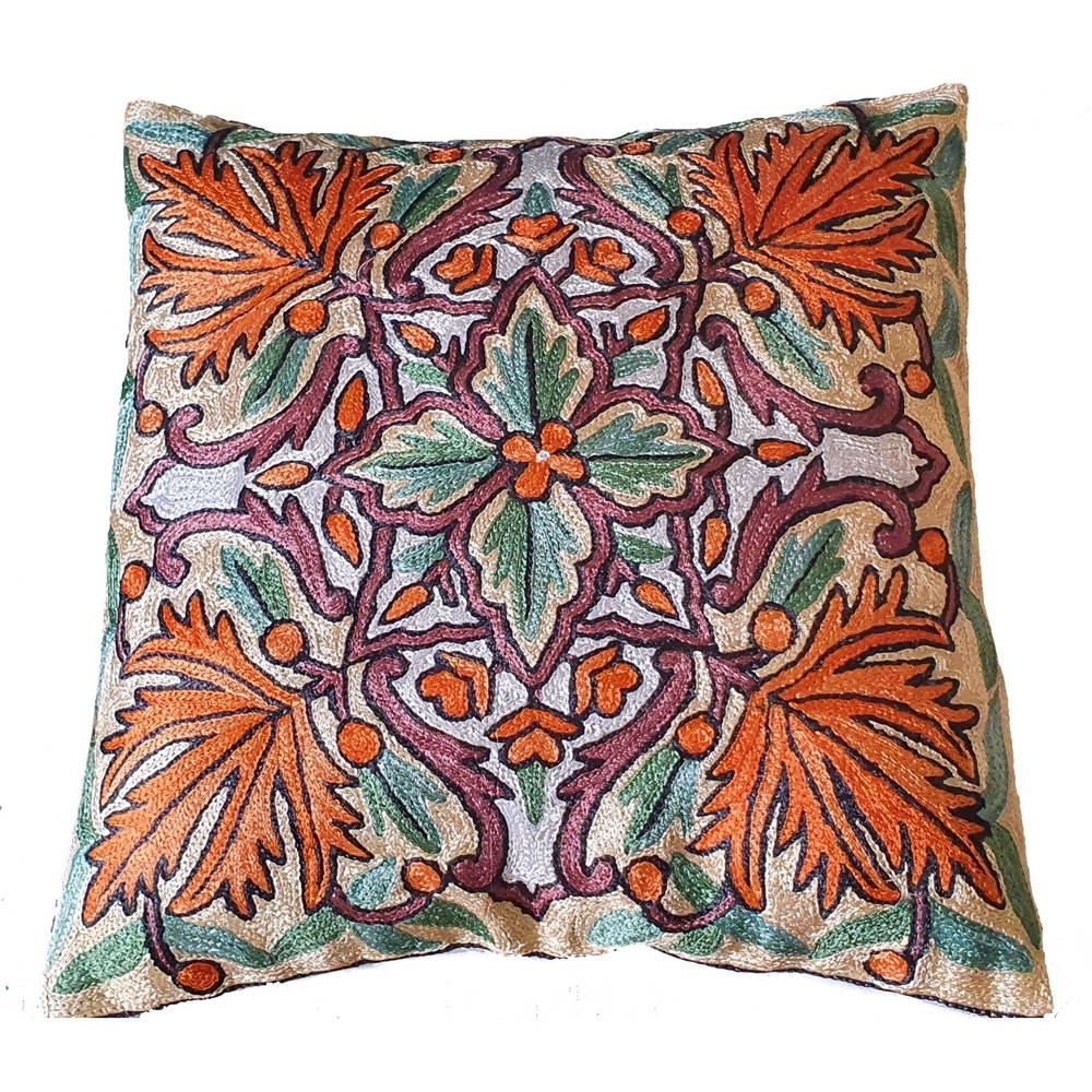 The Decor Nook Hand Embroidered Crewel Cushion Covers in Mustard & Chinar Leaf Motif with Teal Green Leaves