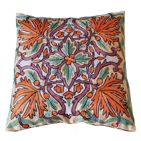 The Decor Nook Hand Embroidered Crewel Cushion Covers in Mustard & Chinar Leaf Motif with Teal Green Leaves