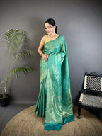 Joban Fashion Rama Green Floral & Paisley Motifs Soft Satin Silk Banarasi Saree - Distacart