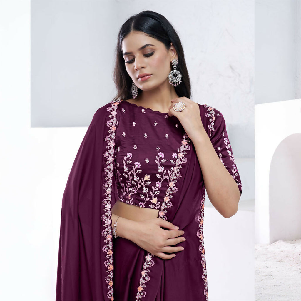 Wine Crepe Satin Silk Dual Sequence With Moti Work Saree With Unstitched Blouse - Norita Swaraa