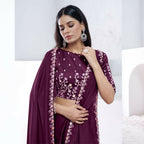 Wine Crepe Satin Silk Dual Sequence With Moti Work Saree With Unstitched Blouse - Norita Swaraa